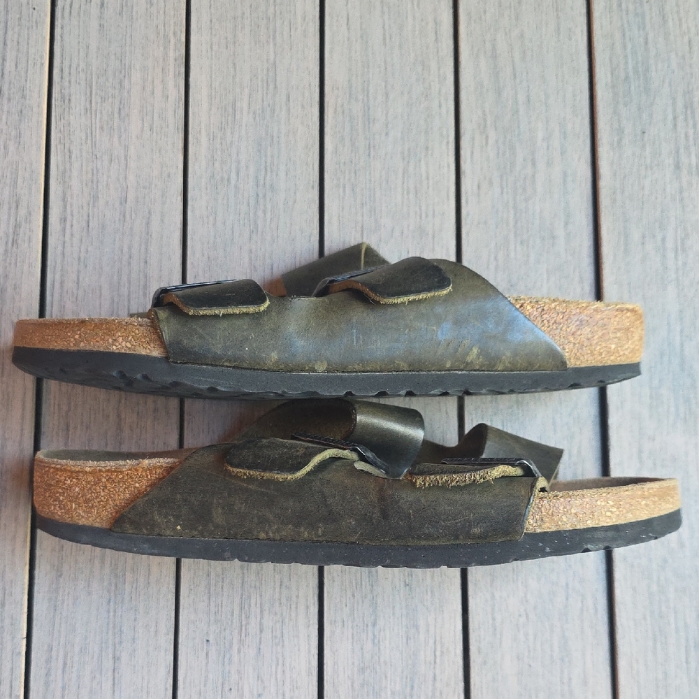 Birkenstock Olive Leather Slide Sandals - Picture 4 of 6